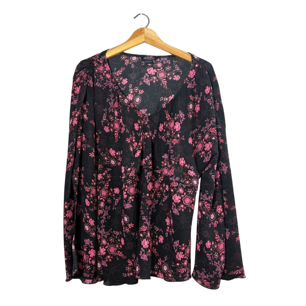 Women's Black Floral Flare Sleeve Lucky Brand Blouse L